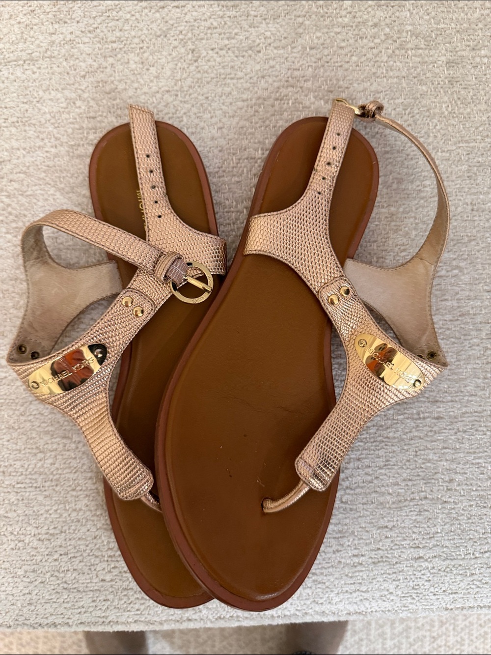 Michael Kors Women’s Metallic Rose Gold T-Strap Sandals